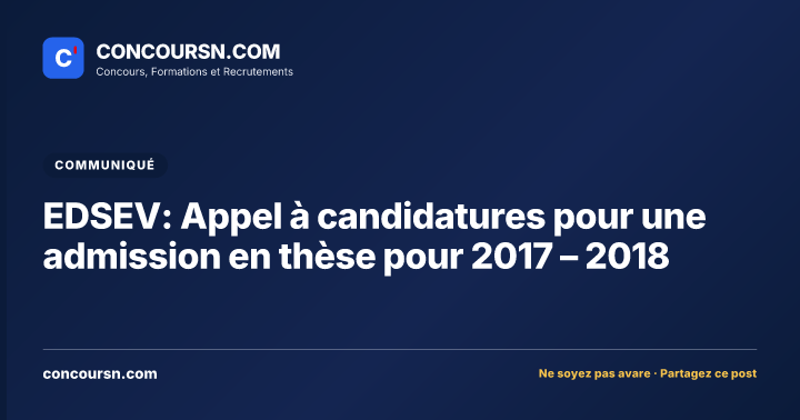 Illustration de l’article : EDSEV: Appel à candidatures pour une admission en thèse pour 2017 – 2018