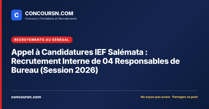 Illustration de l’article : Appel à Candidatures IEF Salémata : Recrutement Interne de 04 Responsables de Bureau (Session 2026)