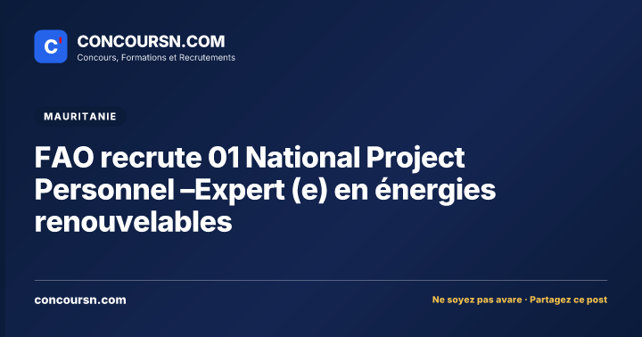 Illustration de l’article : FAO recrute 01 National Project Personnel –Expert (e) en énergies renouvelables