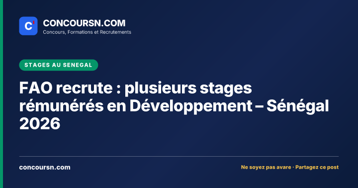 Illustration de l’article : FAO recrute : plusieurs stages rémunérés en Développement – Sénégal 2026