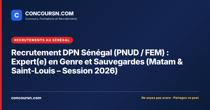 Illustration de l’article : Recrutement DPN Sénégal (PNUD / FEM) : Expert(e) en Genre et Sauvegardes (Matam & Saint-Louis – Session 2026)