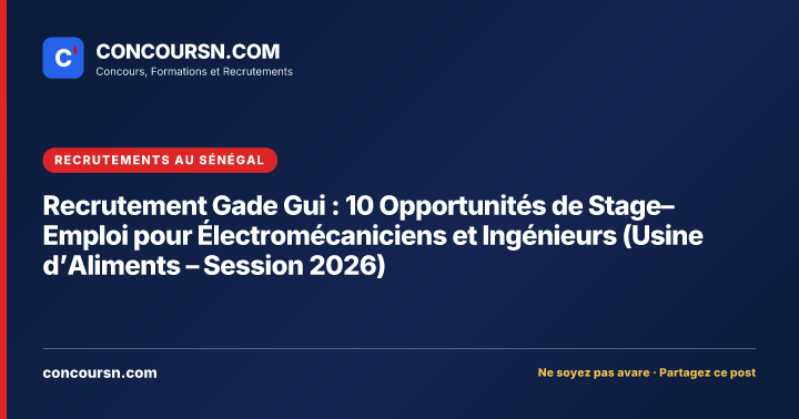 Recrutement Gade Gui : 10 Opportunités de Stage–Emploi pour Électromécaniciens et Ingénieurs (Usine d’Aliments – Session 2026)