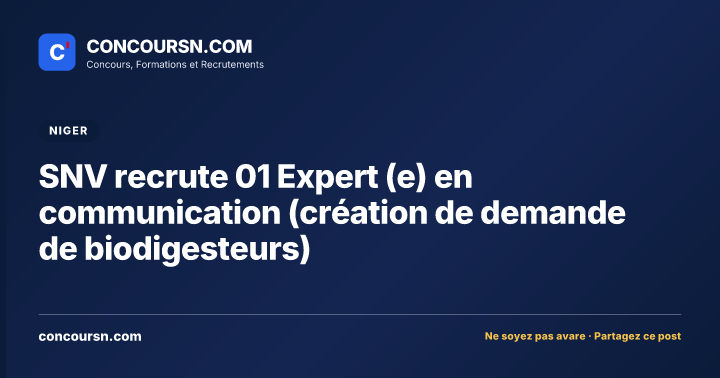 SNV recrute 01 Expert (e) en communication (création de demande de biodigesteurs)