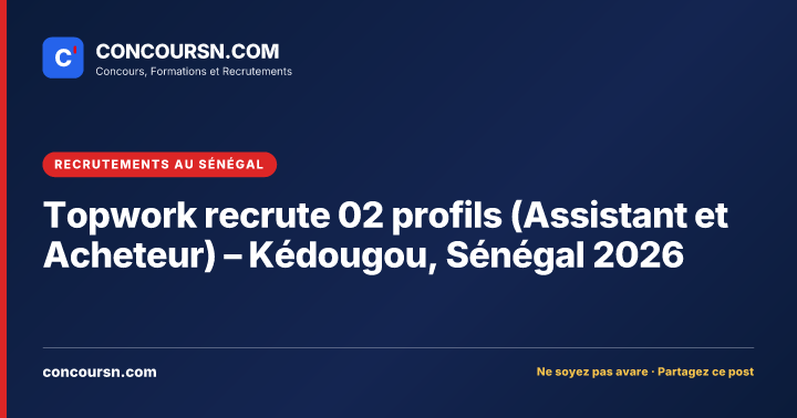 Illustration de l’article : Topwork recrute 02 profils (Assistant et Acheteur) – Kédougou, Sénégal 2026