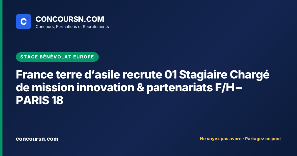 France terre d’asile recrute 01 Stagiaire Chargé de mission innovation & partenariats F/H – PARIS 18