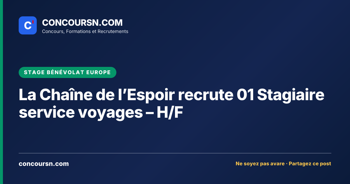 Illustration de l’article : La Chaîne de l’Espoir recrute 01 Stagiaire service voyages – H/F