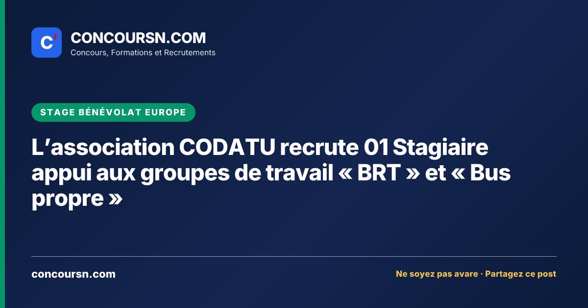 Illustration de l’article : L’association CODATU recrute 01 Stagiaire appui aux groupes de travail « BRT » et « Bus propre »