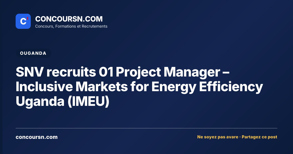 SNV recruits 01 Project Manager – Inclusive Markets for Energy Efficiency Uganda (IMEU)