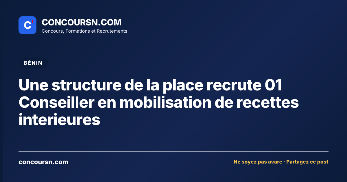 Une structure de la place recrute 01 Conseiller en mobilisation de recettes interieures