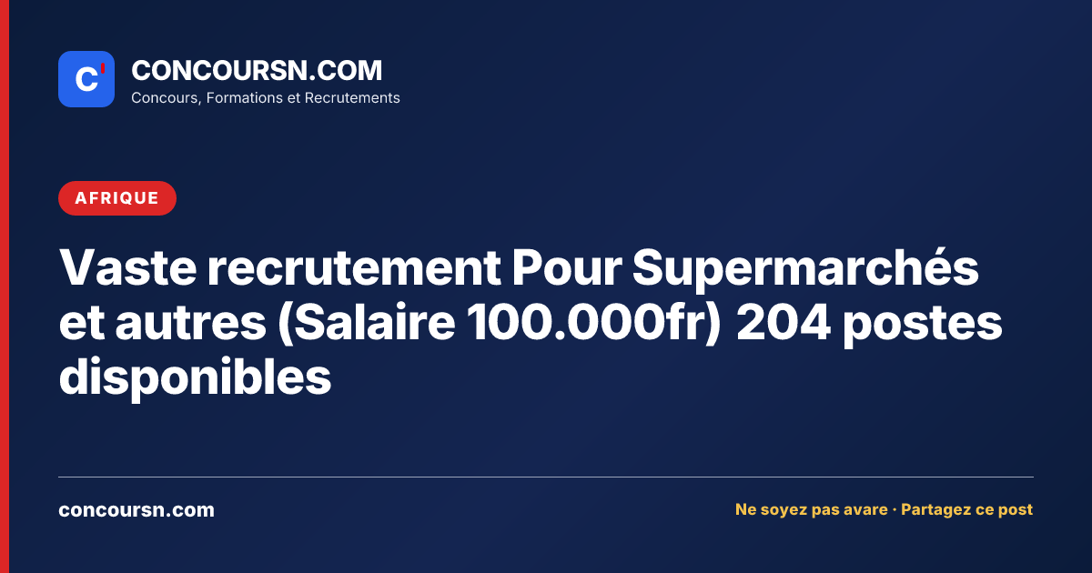 Illustration de l’article : Vaste recrutement Pour Supermarchés et autres (Salaire 100.000fr) 204 postes disponibles