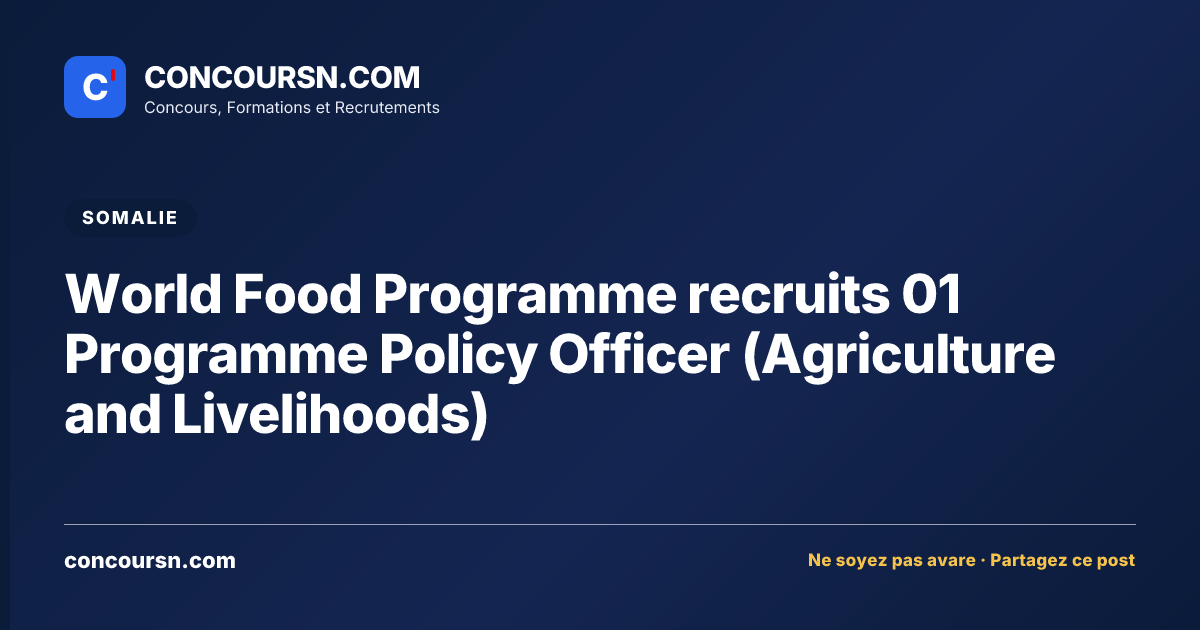 World Food Programme recruits 01 Programme Policy Officer (Agriculture and Livelihoods)