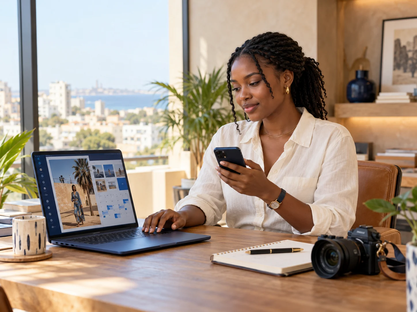 Illustration générée d’une professionnelle du community management à son poste de travail.
